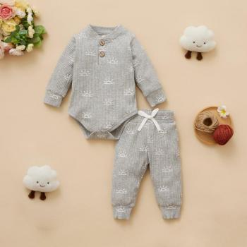 Ensemble de printemps pour bébés nouveau-nés : body tricoté à manches longues avec imprimé cartoon + pantalon long