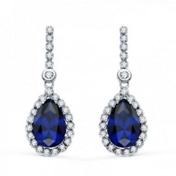 Pendientes Largos Oro Blanco 18k Mujer Circonitas y Piedra Azul Centro