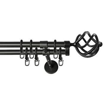 GARESA Gardinenstange RUSTIKA, 2-läufig, Wunschmaßlänge, schwarz, Ø:16mm, Metall, rustikale Vorhanggarnitur, verlängerbar, mit Ringen, Endknopf Korb