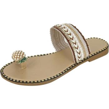 Pineapple Pattern Women's Beaded Flat Heel Sandals