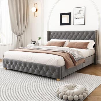 Letto Lussuoso 160x200 cm con Rete, Testiera a Doghe, Gambe in Legno – Cuscinetti Velluto Grigio