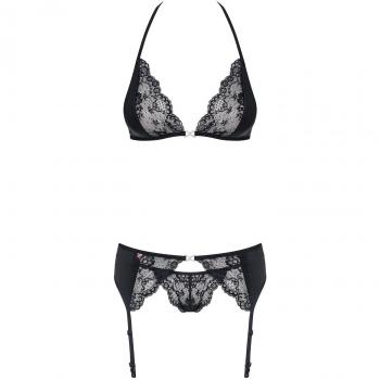 Obsessive Charmea Reizwäsche Set Damen 3-teilig Spitze Regulierbar Soft BH Neckholder, Schwarz, L/XL