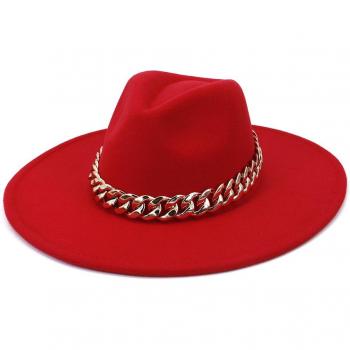 Panama Stil Fedora Hut mit Kette, einfarbig Pfirsich, 9,5 cm Krempe