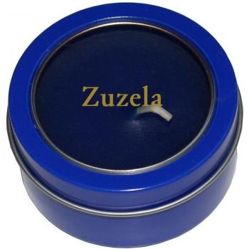 Candela en caja de metal con tapadera plástica con nombre grabado: Zuzela