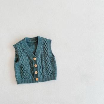 Pull Gilet en Laine Unie V-Neck Beige‑Bleu – Enfant – Mode Autumn