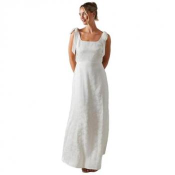 Oasis Square Neck Chiffon Tie Shoulder Satin Jacquard Bridesmaids Dress - Champagne - Size 18 UK