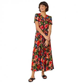 Floral Print Tiered Midi Dress - Red - Size 12 UK