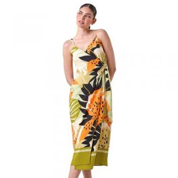 Leaf Print Strappy Wrap Midi Dress