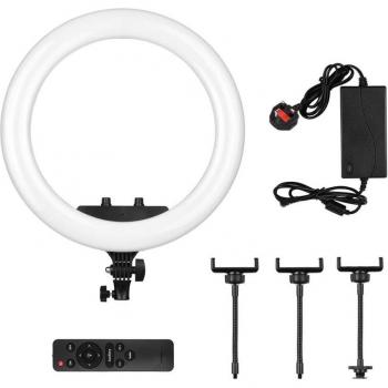 Luz de Anillo LED 18 Pulgadas para Fotos, Temperatura Dual 3200K-5600K, Ajustable, Incluye 3 Soportes y Control Remoto
