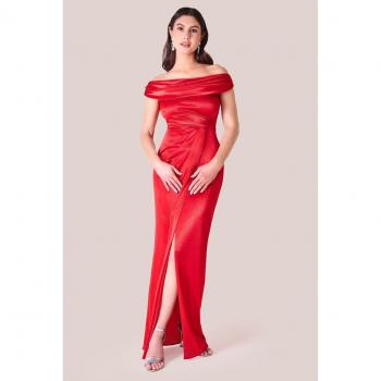 Goddiva Cowl Bardot Satin Twill Maxi Dress - Red