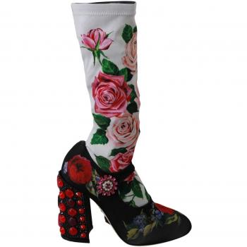 Dolce & Gabbana High Boots Black Floral Crystal Jersey - Size 8 US