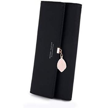 Portafoglio Donna Cerniera Lunga con Portamonete Pendente in Pelle Foglia PU, 10 Titolari di Carta (Nero)