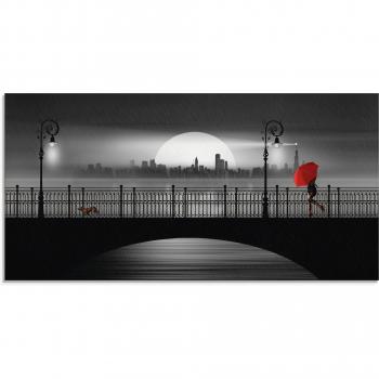 Glasbild ARTLAND „Die Brücke im Regen“, Schwarz, B:100 cm H:50 cm – diverse Größen