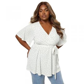 White Ditsy Spot Print Wrap Blouse for Women, Size 26-28
