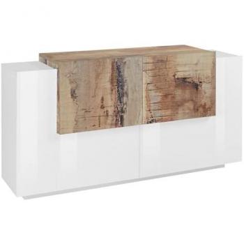 Buffet de salon moderne 160cm, couleur blanc et bois, 4 portes, série New Coro