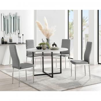 Adley Grey Concrete Effect Round Dining Table & 4 Milan Chrome Leg Faux Leather Chairs