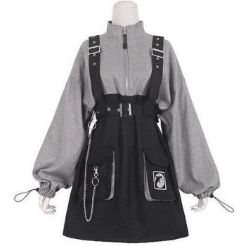 Vestido Corto Gótico Punk para Mujeres, Estilo Vintage, Cintura Alta, Manga Larga, Cuello de Sombrero, Sexy, Color Negro Gry, Talla Grande