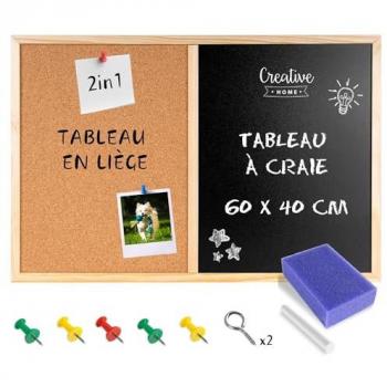 Tableau Liège Mural + Tableau Craie Ardoise 60 x 40 cm avec Éponge, Craie et Punaises