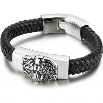 11MM Leather Wrap Bracelet with Lion Head for Men