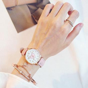 Cute Pink Heart Shape Casual Leather Strap Women's Watch