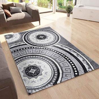 Moderner Teppich Orientteppich für Wohnzimmer mit Glitzergarn Medaillon muster in Grau Schwarz Anthrazit, 80x150 cm