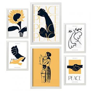 Set de 6 posters en tinta negra paz y fuerza láminas artísticas del mar y océano para el diseño de interiores tamaños a3 & a4 marcos blancos