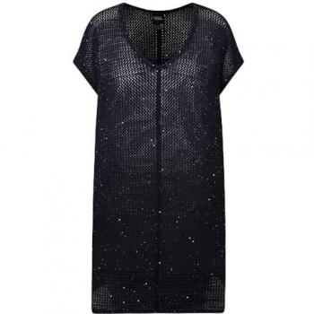 Ulla Popken Strickpullover Long-Pullover Struktur Pailletten Rundhals Halbarm