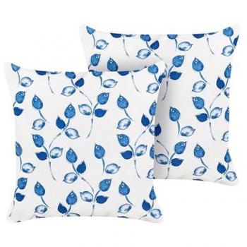 BELIANI Set of 2 Outdoor Garden Scatter Cushions Throw Pillows Cover Leaves Motif 45 x 45 cm Polyester White and Blue Torbora