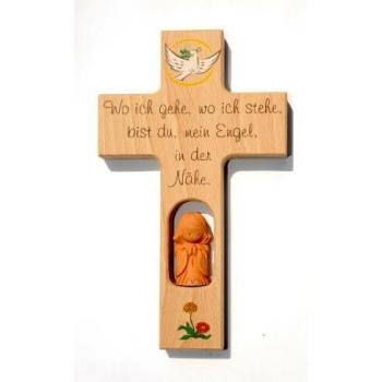 Handgefertigtes Kinderkreuz aus Buchenholz mit Tauben- und Tonengelsymbol
