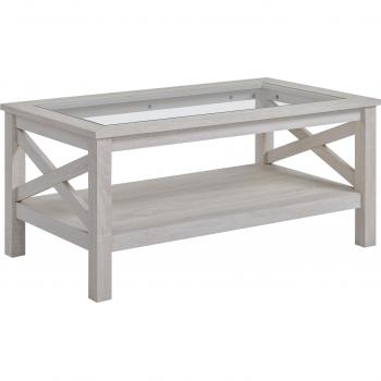 HOMCOM Mesa de Centro con Estante y Encimera de Vidrio Templado 100x55x45 cm Roble Blanqueado