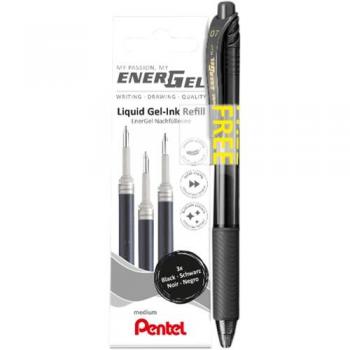 Gelschrijvervulling Pentel LR7 Energel met gratis gelpen medium zwart blister à 3 stuks