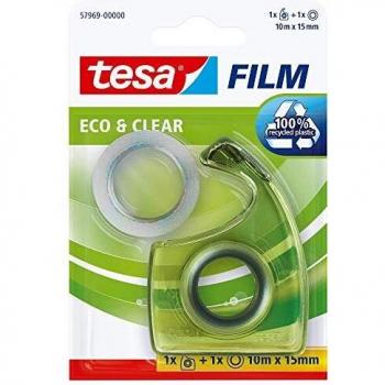 Tesa TE-57969-00000, film® Eco & Clear, 10 m x 15 mm, 1 Rolle + grüner Easy Cut Handabroller ecoLogo®, Blister