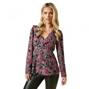 Petite Pink Floral Ruffle Neck Long Sleeve Button Front Tea Blouse
