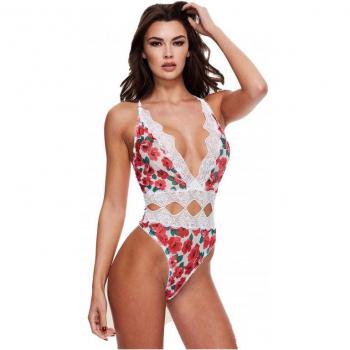 Baci Lingerie Body Motifs Floraux, Dentelle Rouge et Blanc - Taille : S/M - 36/38