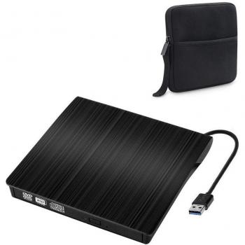 Drive Óptico Externo USB 3.0 - CD/DVD Regravável com Bolsa para Laptops e Desktops (Preto)