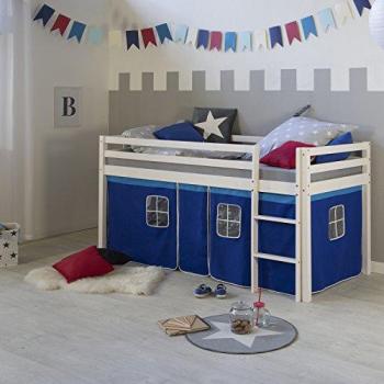 Lit Simple Blanc 90x200 en hauteur avec échelle et rideau bleu