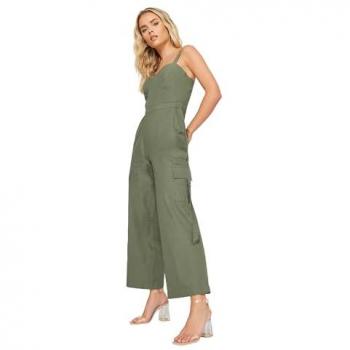 PixieGirl Petite Green Utility Jumpsuit – 100% Cotton, Wide Leg