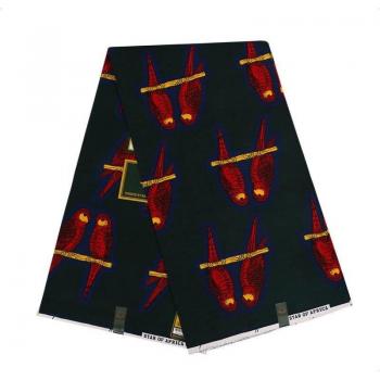 African Wax Print Fabric - Black, Red Birds Design, 100% Polyester, 6 Yards