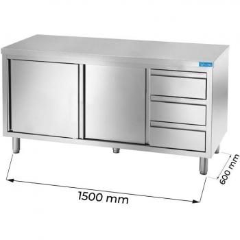 Tavolo armadiato in acciaio inox 3 cassetti verticali sinistra senza alzatina L2200xP600xH850 mm linea premium