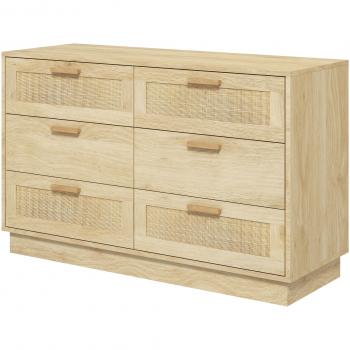 Cómoda Bohemia de Madera con 6 Cajones de Rejilla de Ratán 110x40x69 cm Roble