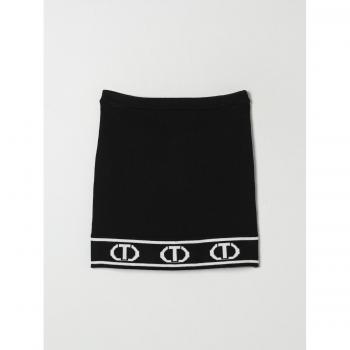 Twinset Gonna corta in maglia con Oval T jacquard, Bicolor Nero / Off White, Taglia: 16A