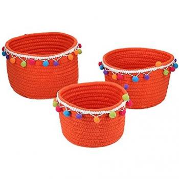 Cestina arancione in tessuto con pompon 19 cm di diametro