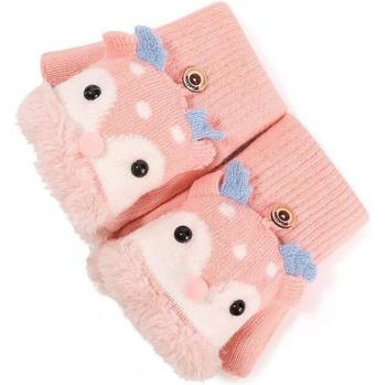 Guantes infantiles de Navidad, punto con pelo de cordero imitación, medio dedo, a prueba de viento