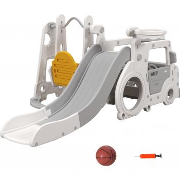 AIYAPLAY Set Scivolo Per Bambini 18-48 Mesi Con Altalena, Macchinina E Canestro, 201x151x87.5cm, Bianco