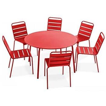 Ensemble terrasse ronde 120 × 72 cm, 6 chaises métalliques – Rouge Oviala