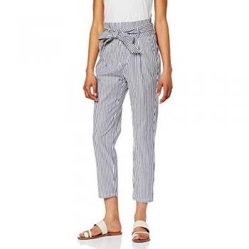 Vero Moda Pantalón con Cinturón y Rayas, Blanco/Navy