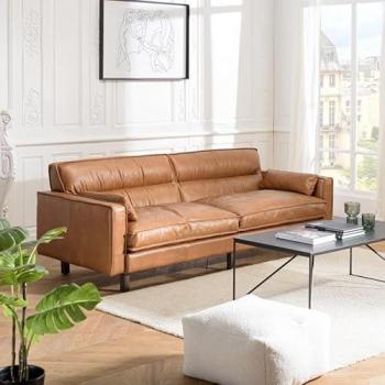 Gaston Sofá vintage de 3 plazas en piel marrón camel, patas de madera