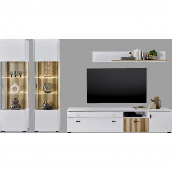 INOSIGN Wohnwand „HUDSON“ – Set 4 Stk., weiß matt TZ mit Evoke‑Eiche‑MDF-Applikation, 316 cm breit