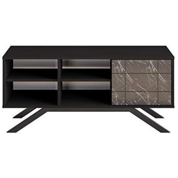 North 130 Cm TV Unit TV Stand TV Console with Open Shelves and Cabinet - Black and Black Marble Effect - Decorotika