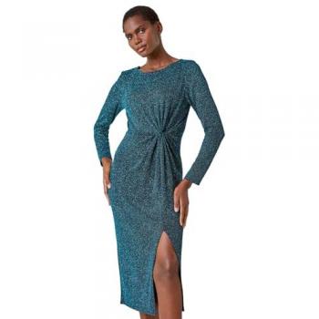 Roman Womens Glitter Twist Detail Stretch Dress - Teal - Size 20 UK